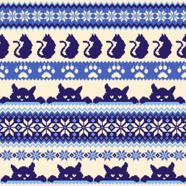 Dizaynında sevimli kediler olan kusursuz örgü deseni,