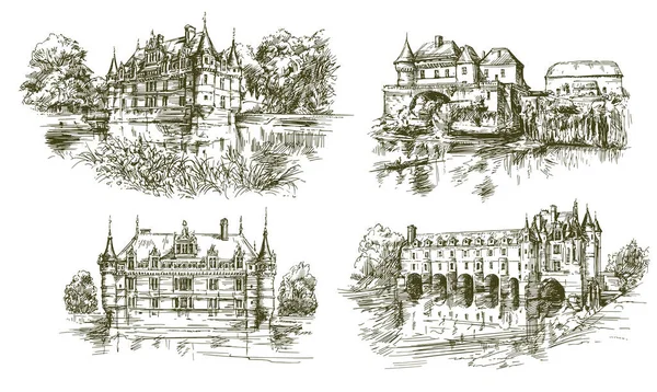 Loire Valley Castles Hand Drawn Set — Vetor de Stock