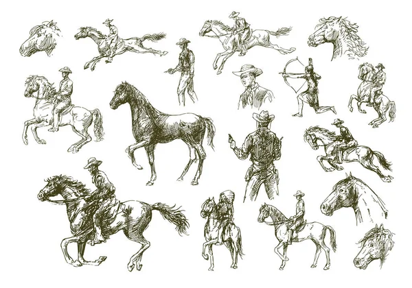 Large Set Cowboys Horses Εικονογράφηση Αρχείου