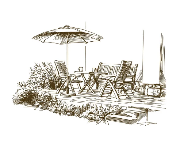 Сонячна Тераса Сидінням Парасолькою Відпочинок Саду Стокова Ілюстрація