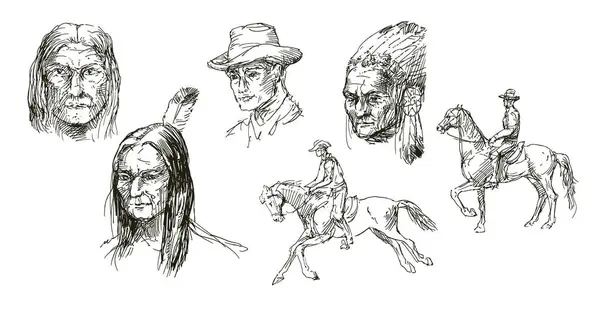 Conjunto Cowboys Desenhados Mão Índio Nativo Americano Vetores De Stock Royalty-Free