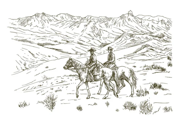 Два Ковбоя Лошадях Деревне Лицензионные Стоковые Иллюстрации