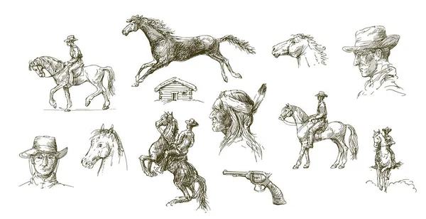 Conjunto Cowboys Desenhados Mão Índio Nativo Americano Ilustrações De Stock Royalty-Free