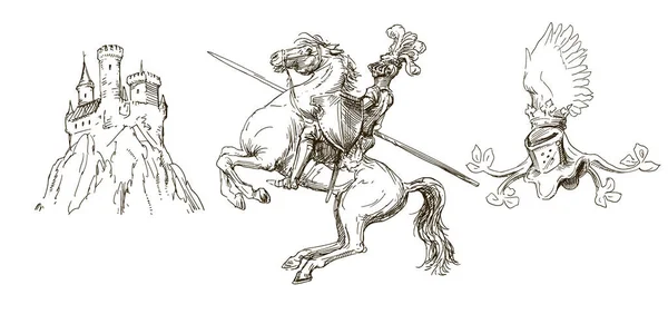Knight Horseback Hand Drawn Set Vector Graphics