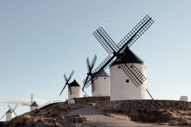 ancient windmills in the town of Consuegra Spain, on the route of the Don Quixote and Cervantes mills