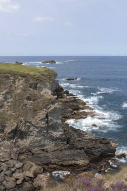 Arka planda açık mavi gökyüzünün altında okyanus olan kayalık kıyı şeridi