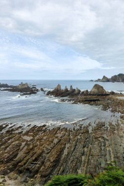 Sivri oluşumları olan kayalık bir kıyı şeridi, temiz bir gökyüzünün altında su birikintileri ve yüksek uçurumlar.