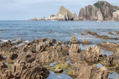 Sivri oluşumları olan kayalık bir kıyı şeridi, temiz bir gökyüzünün altında su birikintileri ve yüksek uçurumlar.