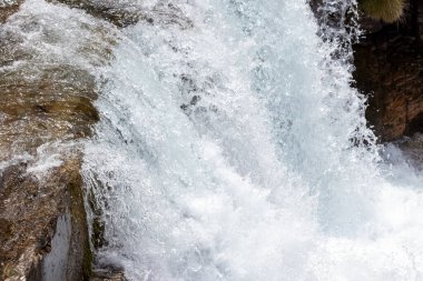 Doğal ortamda yosun kaplı kayaların üzerinden akan hızlı ve temiz bir nehir.