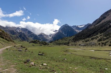 Açık mavi gökyüzü ve birkaç bulutu olan bir dağ sırası. Dağlar karla kaplı ve çimenler yeşil.