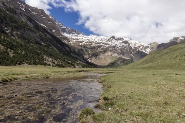 Geniş bir dağ vadisi, karlı tepelerin altından akan berrak bir dere ve parçalı bulutlu bir gökyüzü.