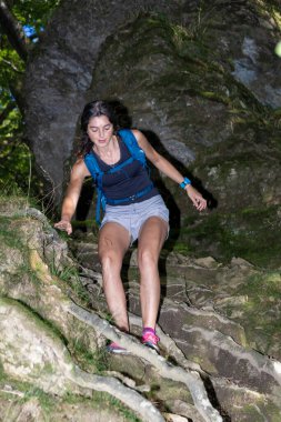 Sırt çantalı genç bir kadın, yemyeşil ve ağaç kökleriyle çevrili dik, kayalık bir orman patikasından dikkatlice iniyor.