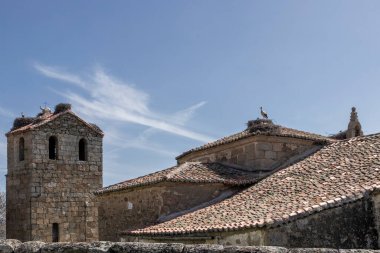 Beyaz leylekler, eski bir taş kilisenin çatısına yuva yapıyor. Mavi gökyüzünün altında, bulutlu çan kulesi var.