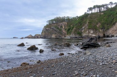 Sakin deniz, arka planda kayalıklar ve bitki örtüsüyle bir çakıl taşı plajını yıkıyor.