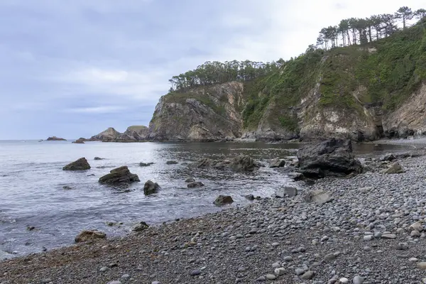 Sakin deniz, arka planda kayalıklar ve bitki örtüsüyle bir çakıl taşı plajını yıkıyor.