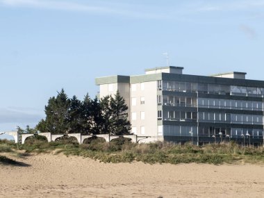 Çam ağaçlarıyla kaplı kumlu bir sahil şeridinin üzerinde yükselen modern sahil oteli, sakin bir sahil kaçışı sunuyor.