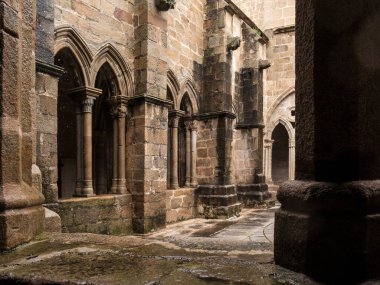 Lyon, Fransa 'daki Aziz Jean Katedrali' nin Islak Manastırı 'nda taş sütunlar ve gotik kemerler var.