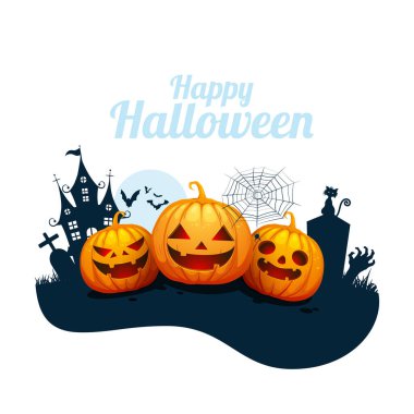 Cadılar bayramı balkabağı kabaklı ve gece arkaplanlı şapka dolunay ve el yapımı element illüstrasyonlu.