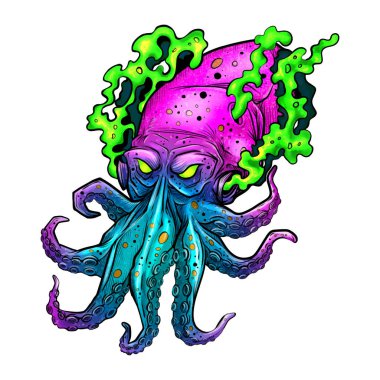 Duvarda ahtapot dövmesi grafikleri var. Dekorasyon kartları, Yang Shi, gömlekler..