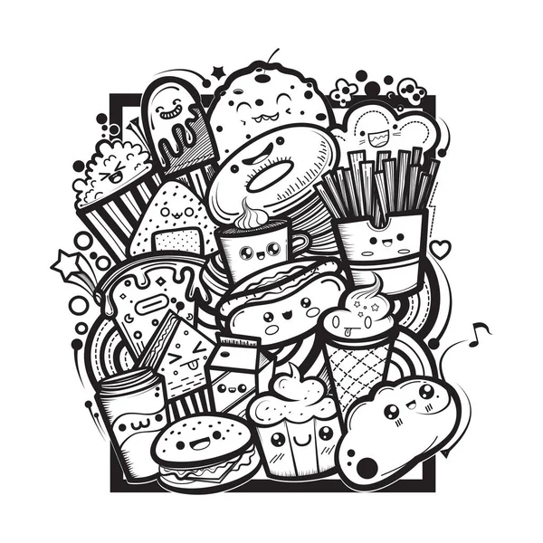 Garabato Dibujado Mano Juego Alimentos Ilustración Vectorial — Vector de stock