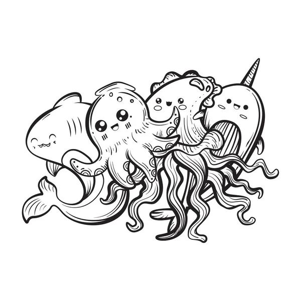 Karikatür Sevimli Deniz Canlıları Karalama — Stok Vektör