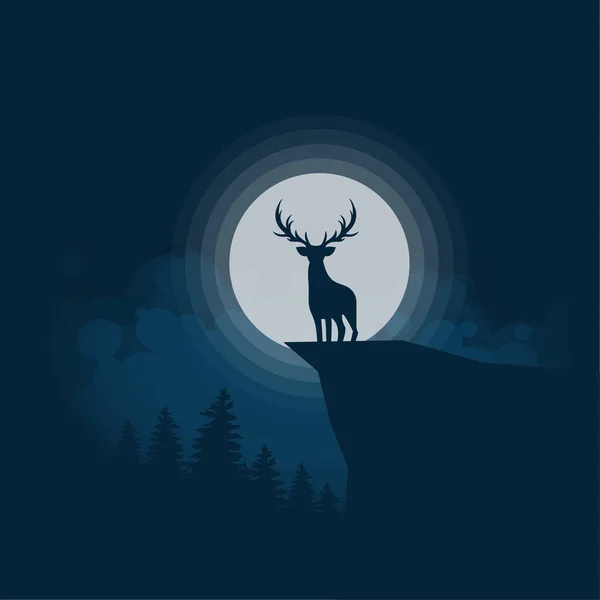 Silhouette Animale Cerf Marchant Debout Sur Une Colline Nuit Pleine — Image vectorielle
