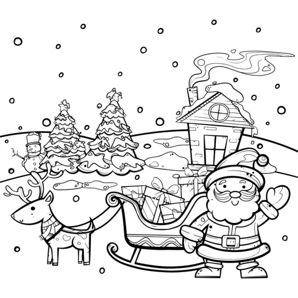 Santa His Sleigh Stand Front Hut Snowman Pine Tree Covered — Stock Vector