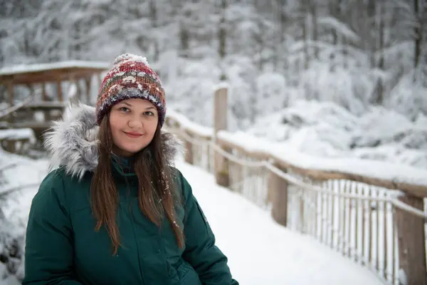 Una Mujer Contenta Puente Madera Nevado Entorno Bosque Invierno Ella Fotos de stock libres de derechos