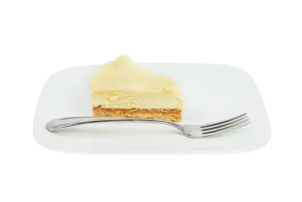 Φέτα Του Cheesecake Βανίλια Ένα Πιάτο Ένα Πιρούνι Απομονώνονται Κατά — Φωτογραφία Αρχείου