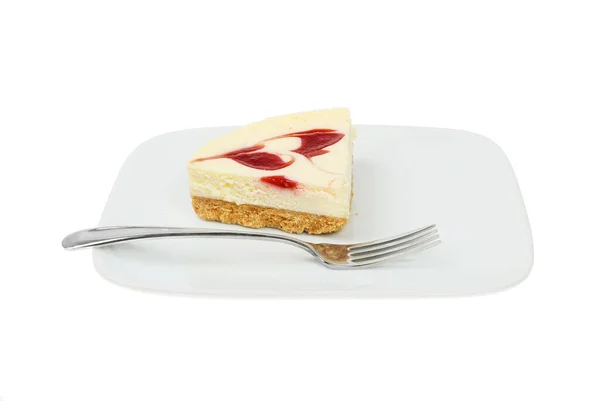 Φέτα Βατόμουρο Και Βανίλια Cheesecake Ένα Πιάτο Ένα Πιρούνι Απομονώνονται — Φωτογραφία Αρχείου