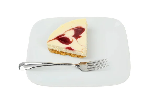 Slice Vanilla Raspberry Cheesecake Plate Knife Isolated White — Stock Photo, Image