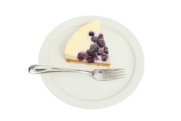 Slice Blueberry Vanilla Cheesecake Plate Fork Isolated White — Stock Photo, Image
