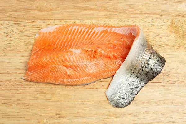 Raw Sea Trout Fillet Wooden Board — Stock Photo, Image