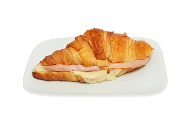 Presunto Croissant Queijo Derretido Prato Isolado Contra Branco — Fotografia de Stock