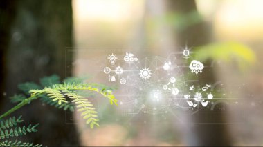 Mavimsi yeşil arka plan ve gelecekteki tarım kavramları, sürdürülebilir enerji, Metaevren, yapay zeka sanal arayüzü gibi şeylerin internetli akıllı teknolojisi.