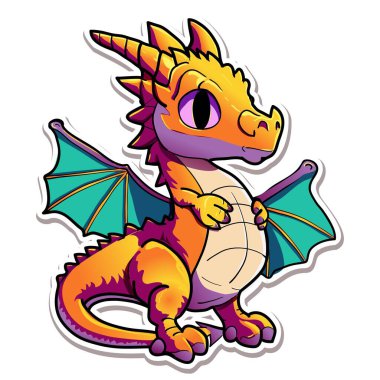 Sihirli ejderha çıkartması. Fantezi komik yaratık, büyük uçan peri hayvan efsanevi karakterler, mitolojik sürüngenler çizgi film tasarım vektör çizimi