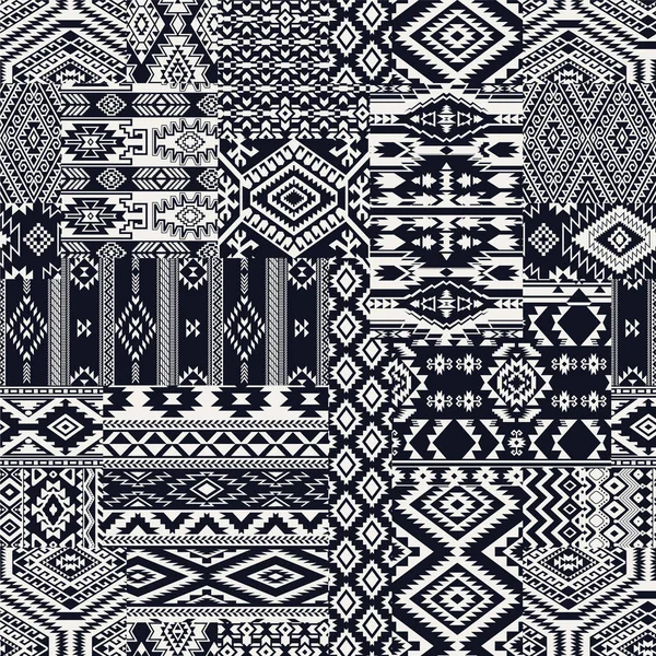 黒と白のネイティブアメリカの伝統的な生地パッチワーク抽象ベクトルシームレスパターン — ストックベクタ