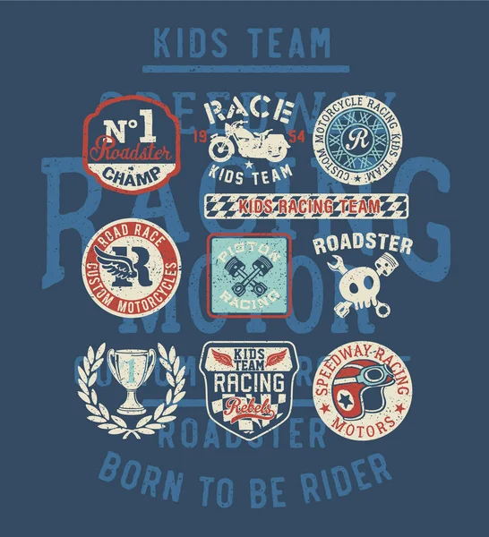 オートバイの高速道路の子供たちのレースチームかわいいベクトルプリント子供たちのためのシャツを着用バッジラベルコレクション — ストックベクタ