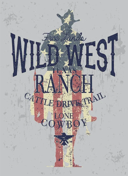 Wild West Cowboy Gado Drive Trail Vintage Grunge Vetor Impressão — Vetor de Stock