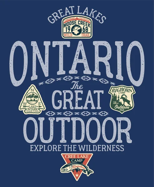 安大略省湖大户外探险者营地男孩T恤衫上印有老式刺绣斑纹的刷子 — 图库矢量图片