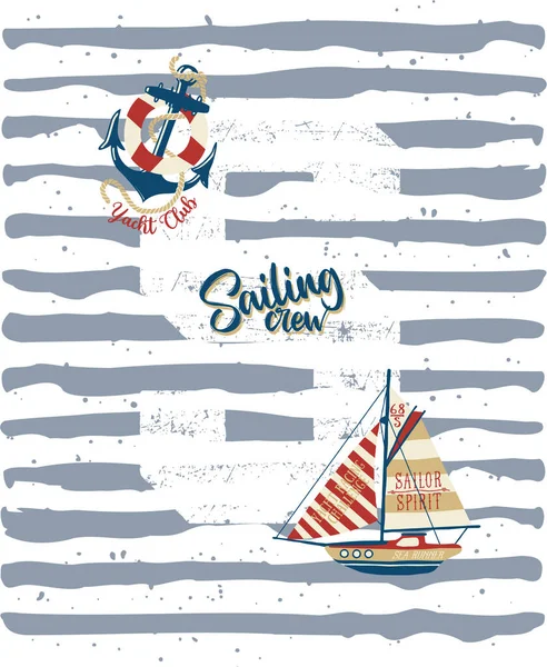 可爱的帆船 带有格子条纹背景抽象矢量打印 适合儿童穿着 — 图库矢量图片