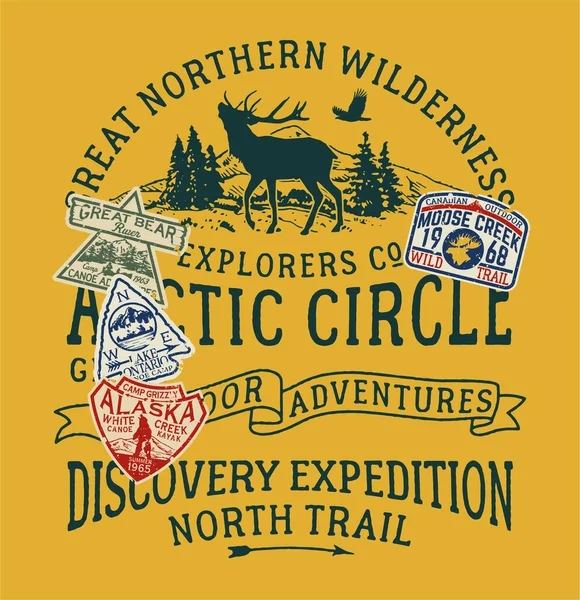 大北方荒野户外探险家小径 带老式绣花补丁男孩T恤衫的天鹅绒向量纹 — 图库矢量图片