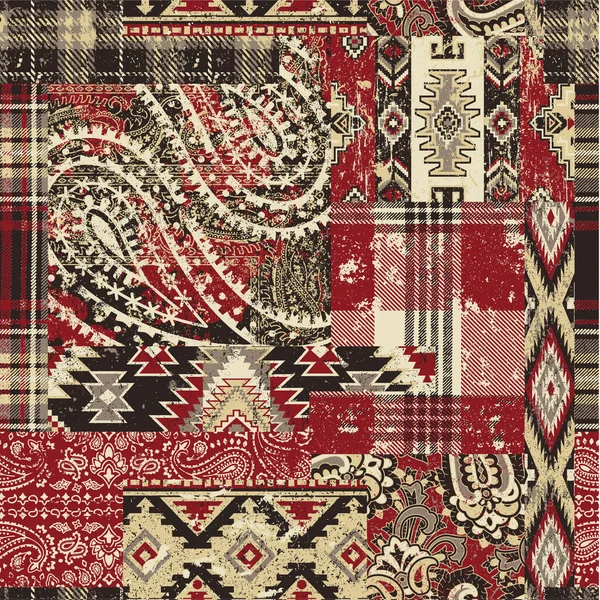 Bandana Paisley Native Motifs Tartan Plaid Fabric Patchwork Abstract Grunge — Stock Vector