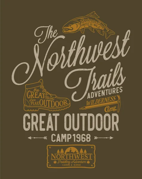 ノースウェストトレイルアドベンチャーキャンプ素晴らしい屋外ヴィンテージベクトルプリントのための男の子Tシャツ — ストックベクタ