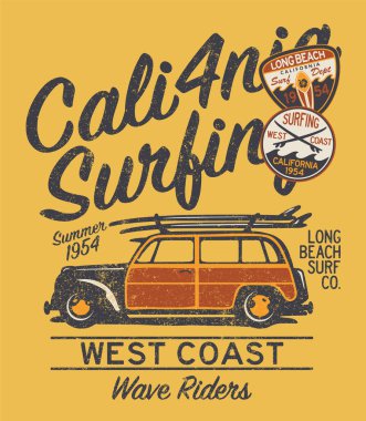 Batı yakası California sörf sörfü erkek tişörtü için vektör baskısı. Uygulamalı nakış işleme bantları ayrı katmanlı grunge efekti.