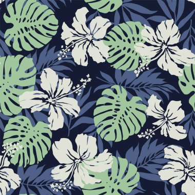 Amber çiçekleri tropikal palmiye canavarı Hawaii tarzı çiçek desenli duvar kağıdı bırakır.