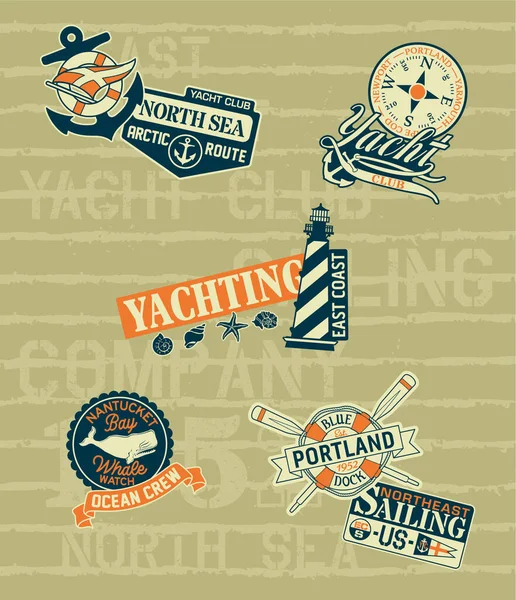 大西洋航行北海游艇俱乐部老式男孩T恤印花印有航海标志和徽章收藏 — 图库矢量图片