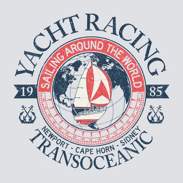 Żeglarstwo Dookoła Świata Jacht Wyścigowy Vintage Wektor Wydruku Dla Chłopca — Wektor stockowy