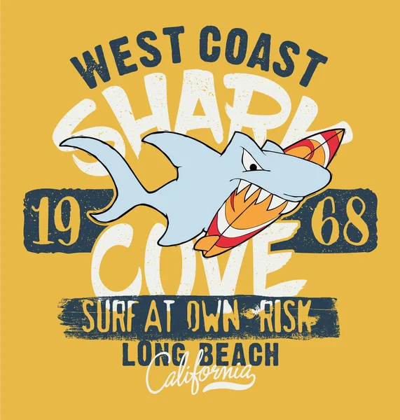 West Coast California Shark Cove Surf Carino Stampa Vettoriale Bambini — Vettoriale Stock