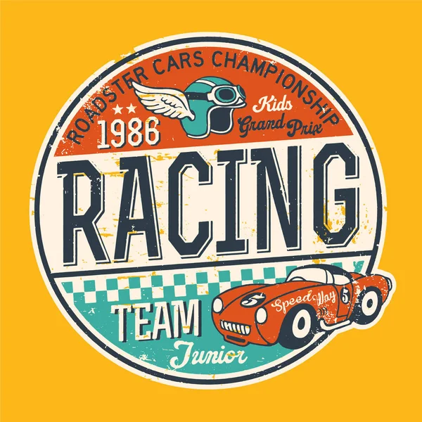 Speedway Roadster Car Championship Kids Racing Team Cute Grunge Vector — Vettoriale Stock